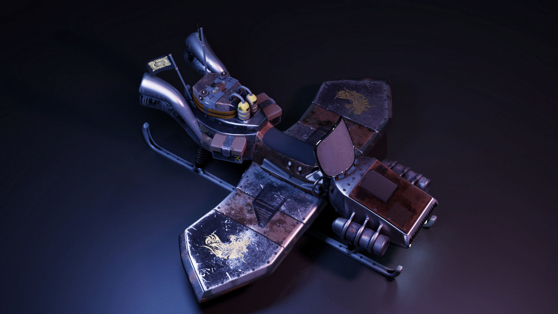 Flying steampunk motorcycle 3D model_6