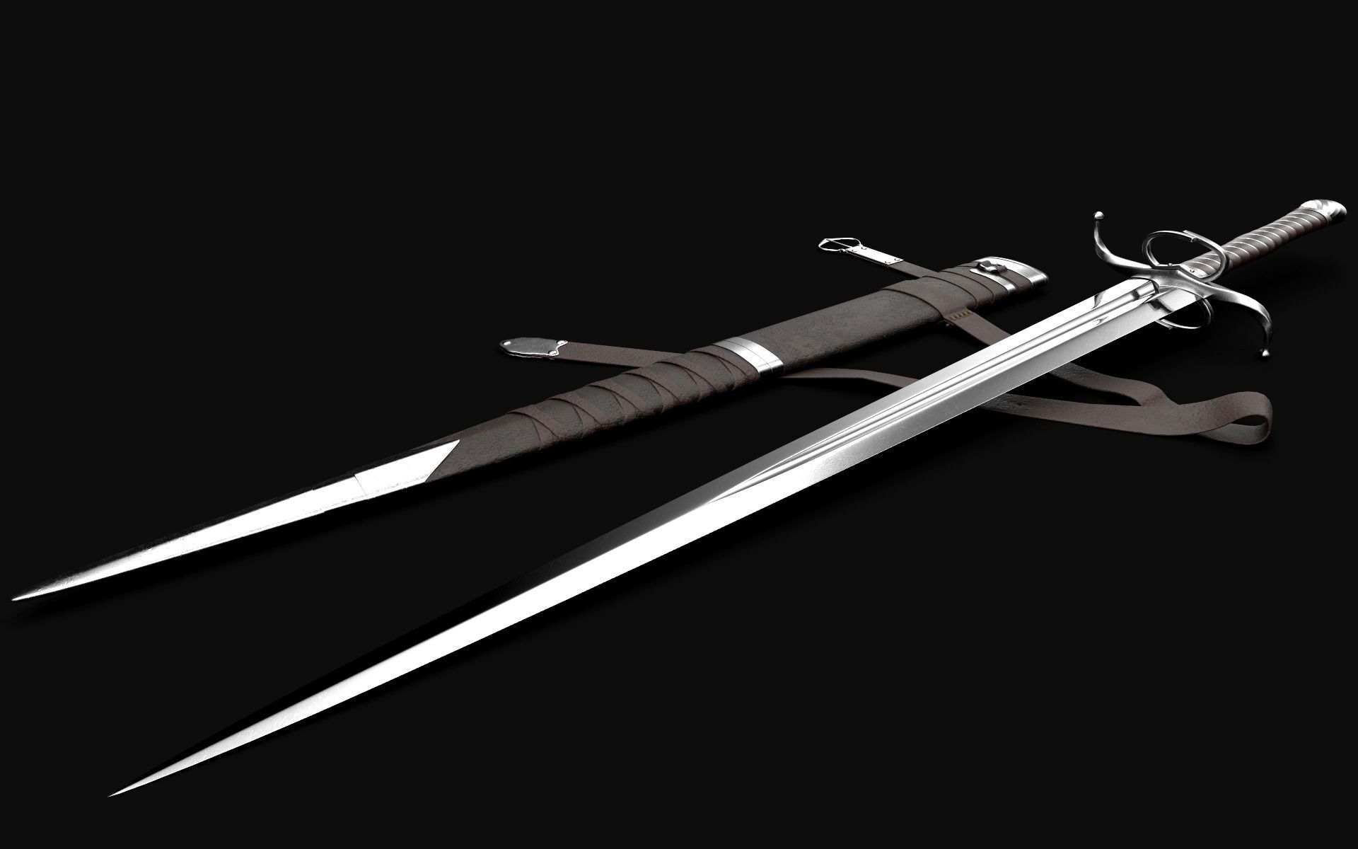 Longsword with scabbard and belt Low-poly 3D model_2