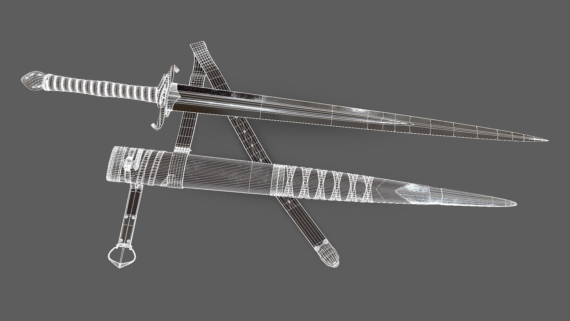 Longsword with scabbard and belt Low-poly 3D model_4