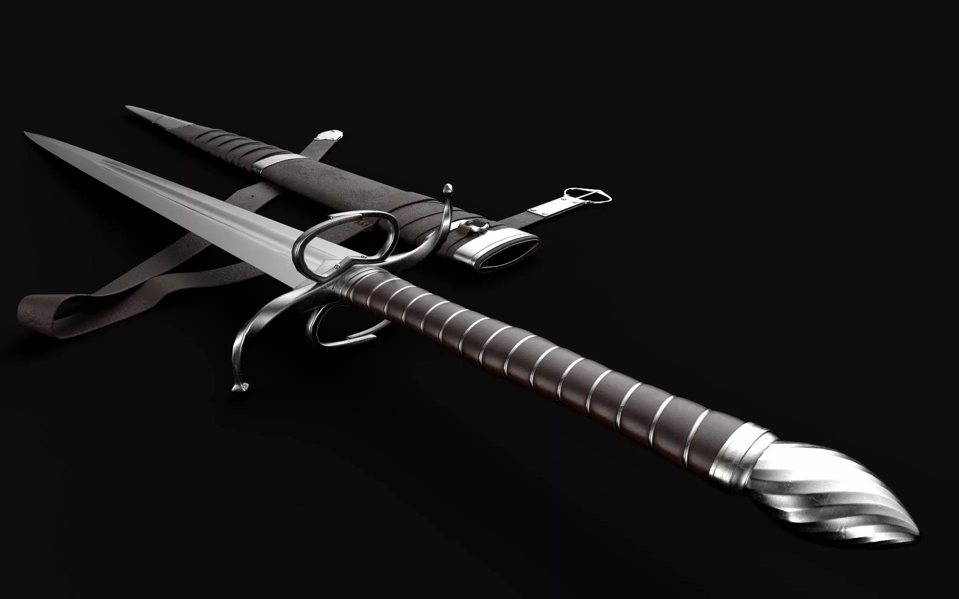 Longsword with scabbard and belt Low-poly 3D model_0