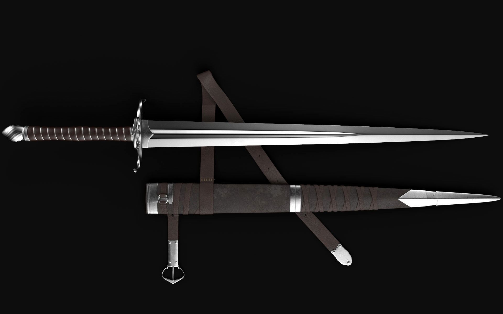 Longsword with scabbard and belt Low-poly 3D model_1