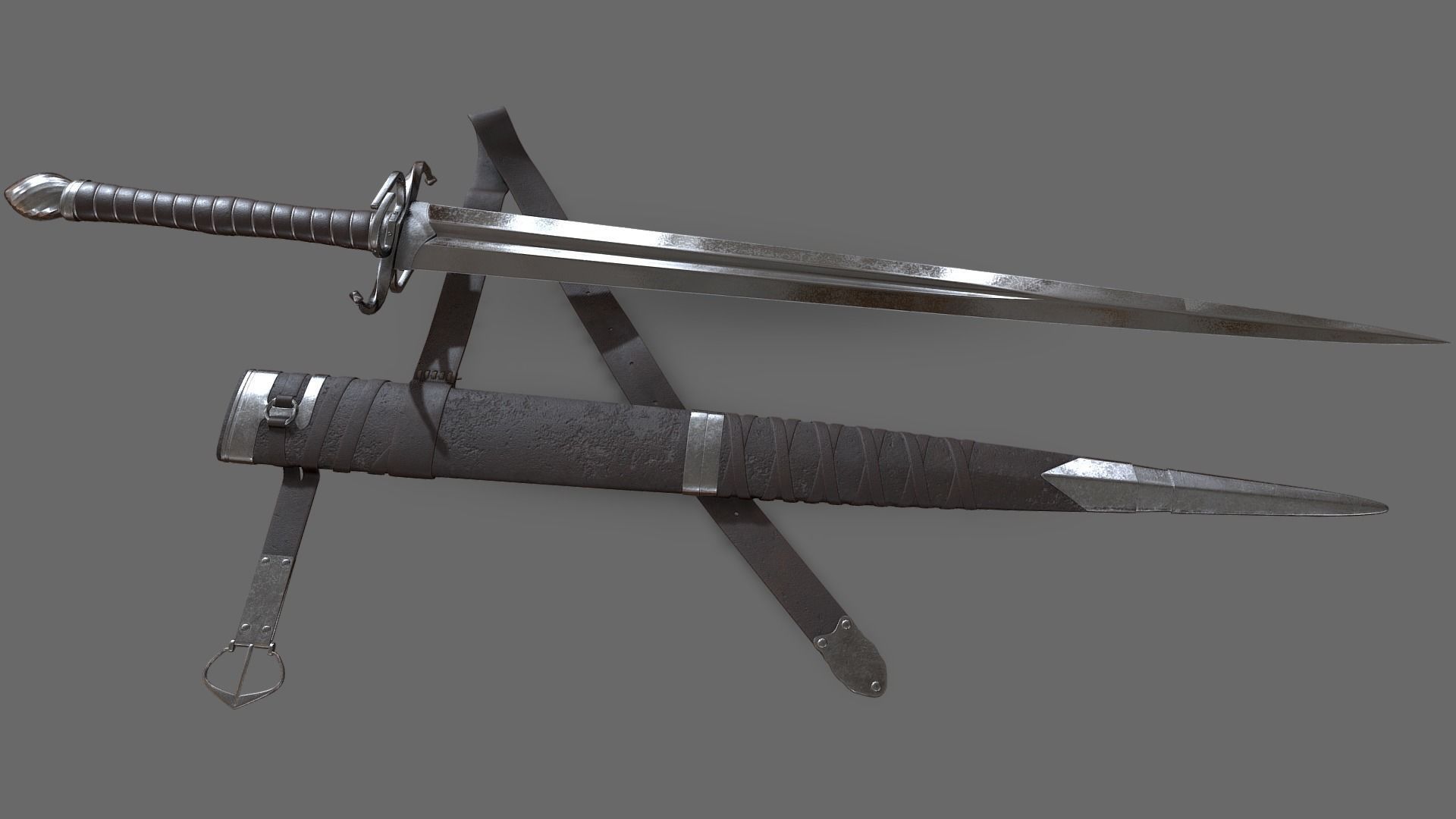 Longsword with scabbard and belt Low-poly 3D model_3