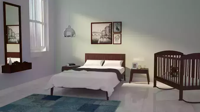 room model bedroom with crib and dresser