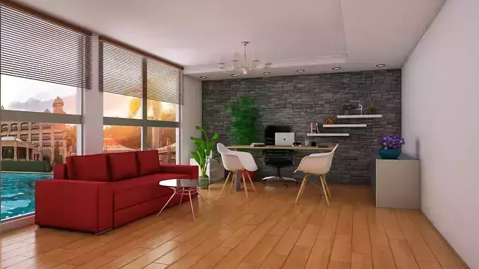 office living room with couch and desk