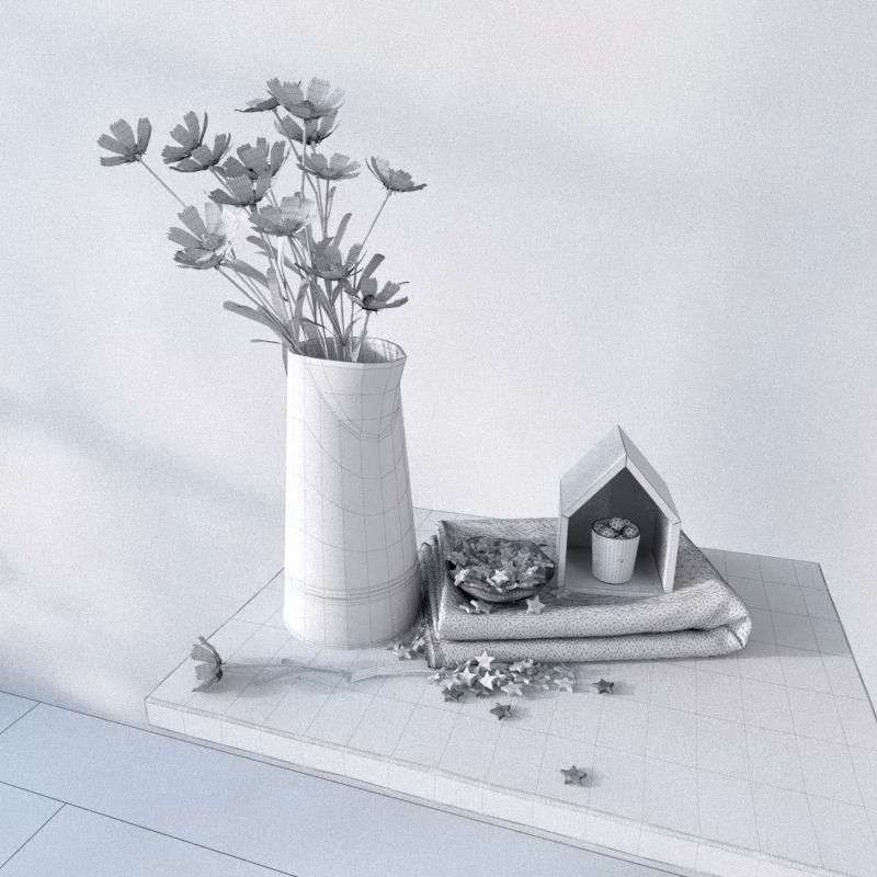 decoration set vase with flowers on table 3D model_5