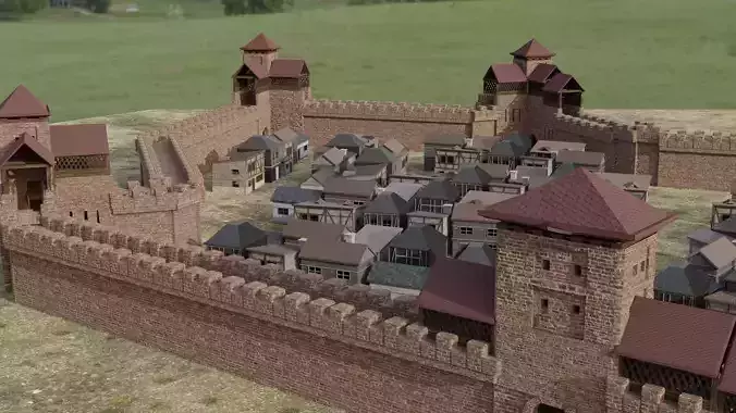 Castle Wall and village pack with interior Low-poly 3D model