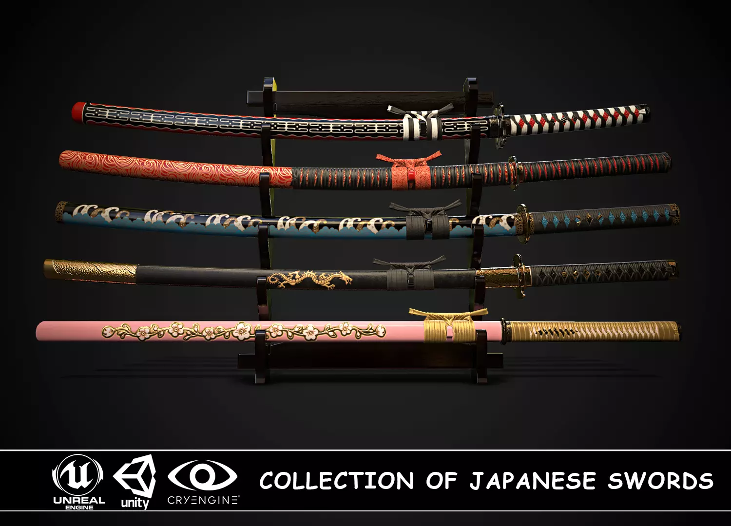 Collection of japanese swords Low-poly 3D model_0
