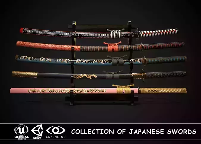 Collection of japanese swords Low-poly 3D model