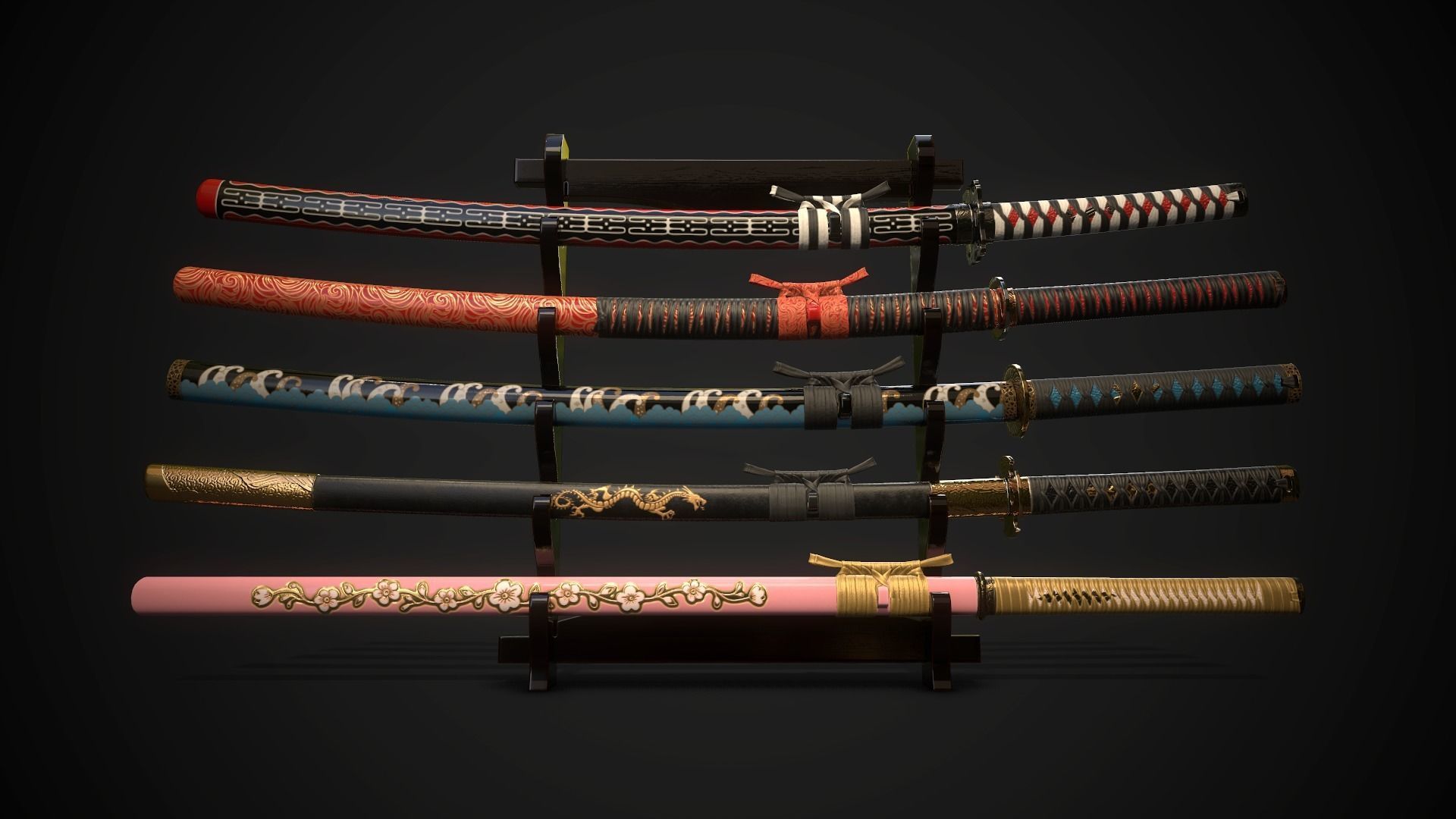 Collection of japanese swords Low-poly 3D model_2