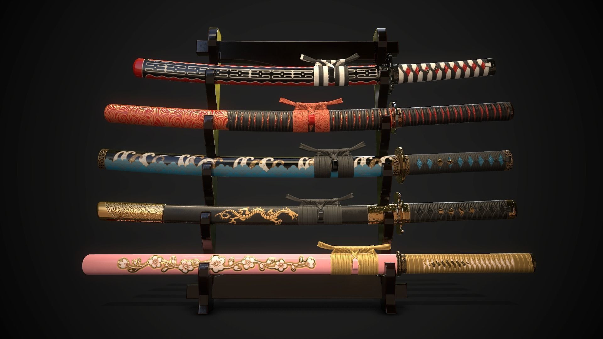 Collection of japanese swords Low-poly 3D model_3