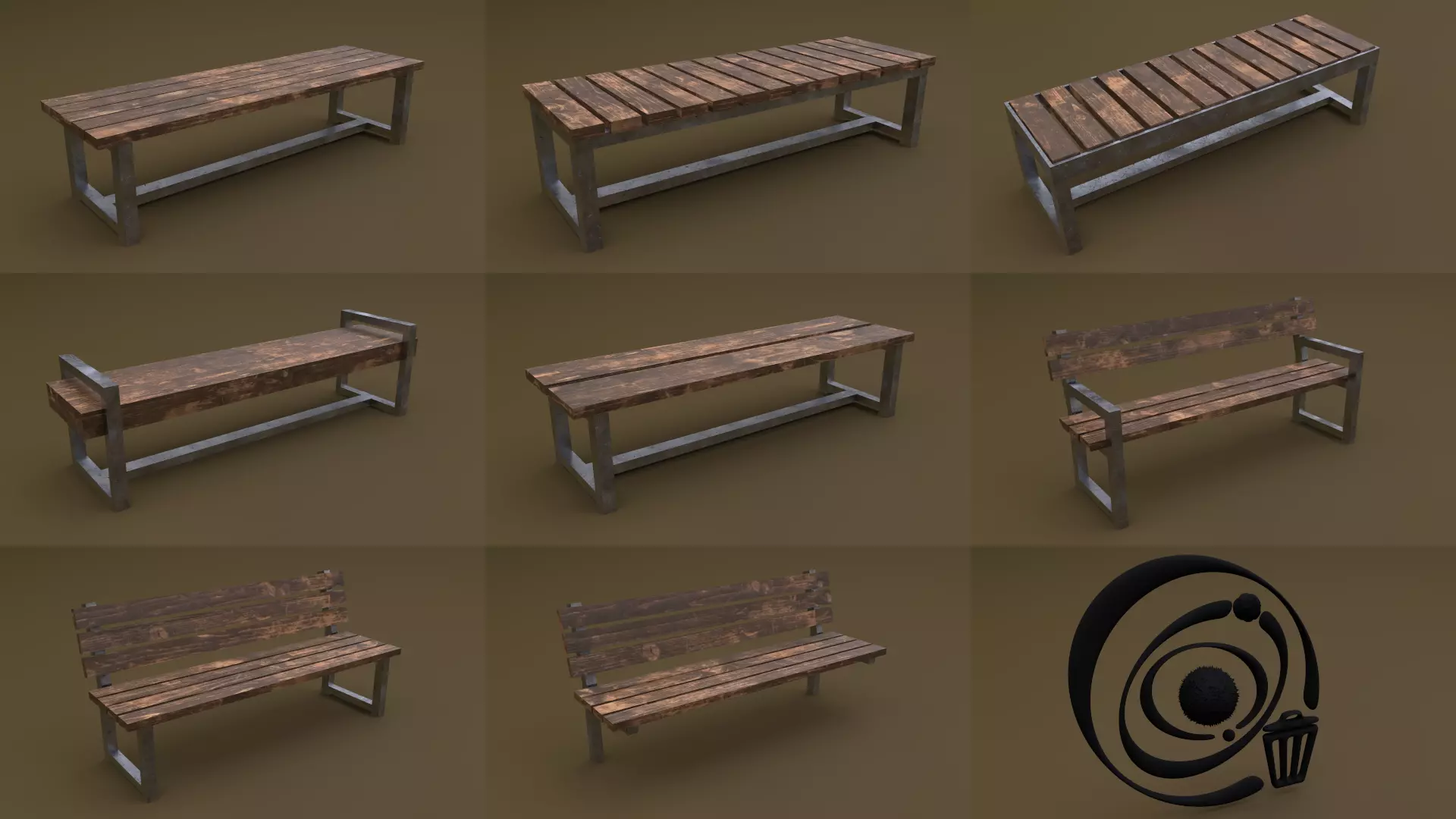 Bench Set 8M1T 01 Low-poly 3D model_0