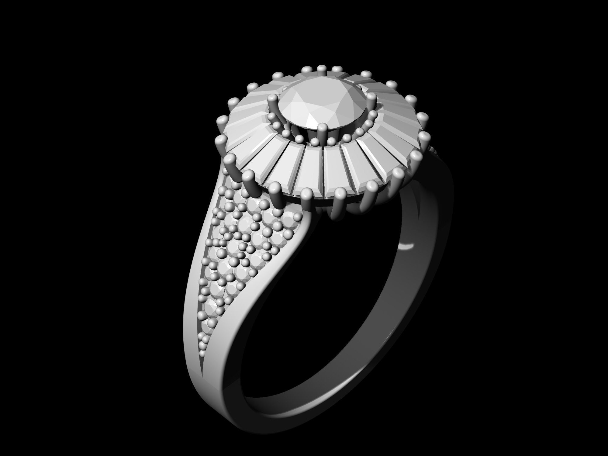 Ring With Halo of Baguette Fancy stones 3D print model_4