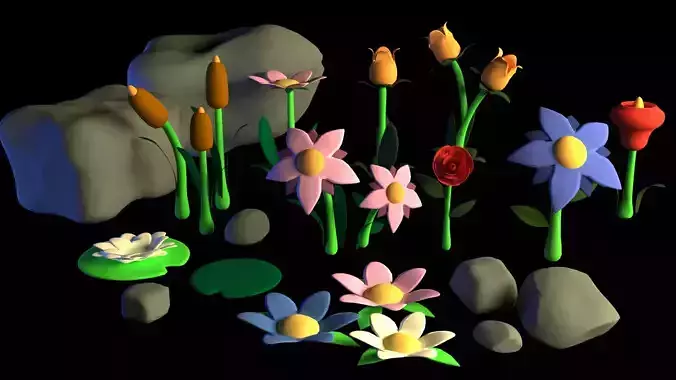 Low poly Nature assets-flowers and rocks