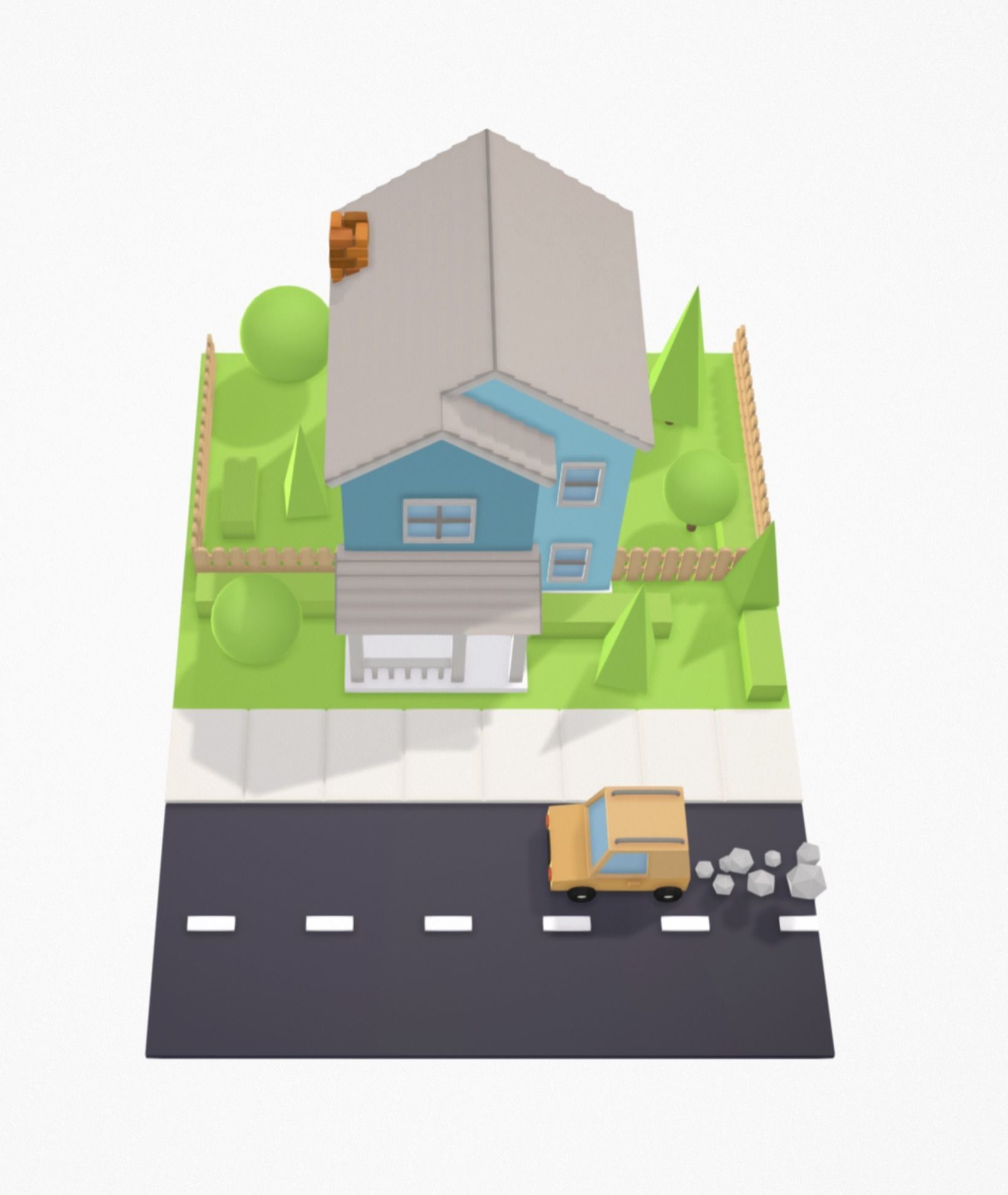 Low Poly House with car on road Low-poly 3D model_4