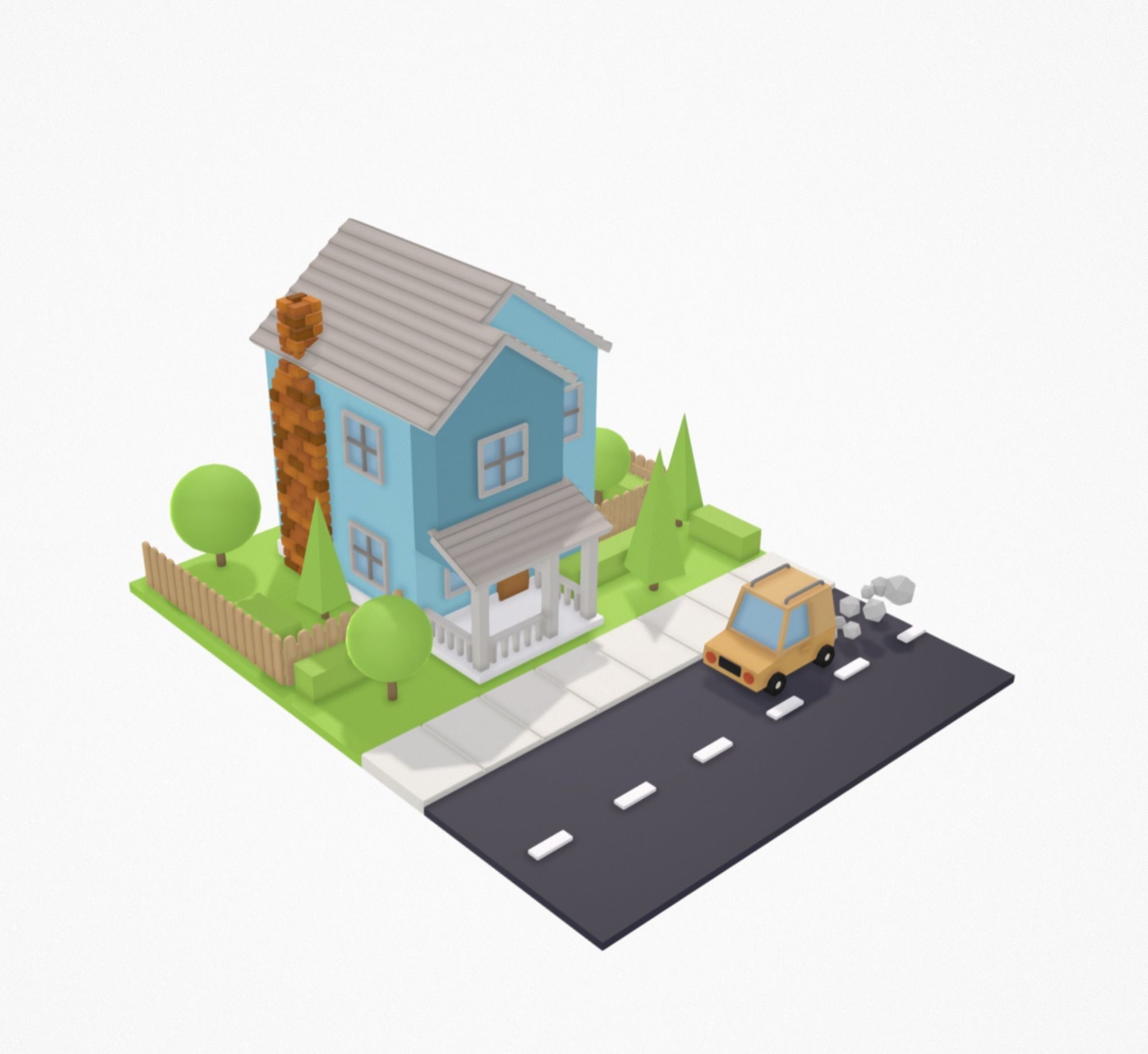 Low Poly House with car on road Low-poly 3D model_1