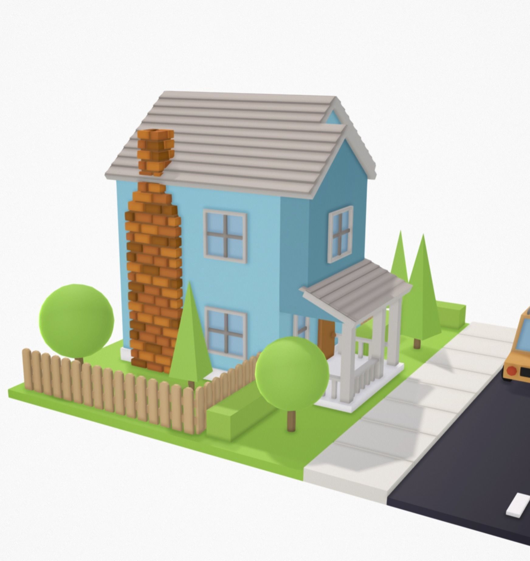 Low Poly House with car on road Low-poly 3D model_2