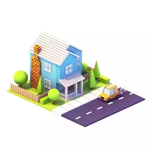 Low Poly House with car on road
