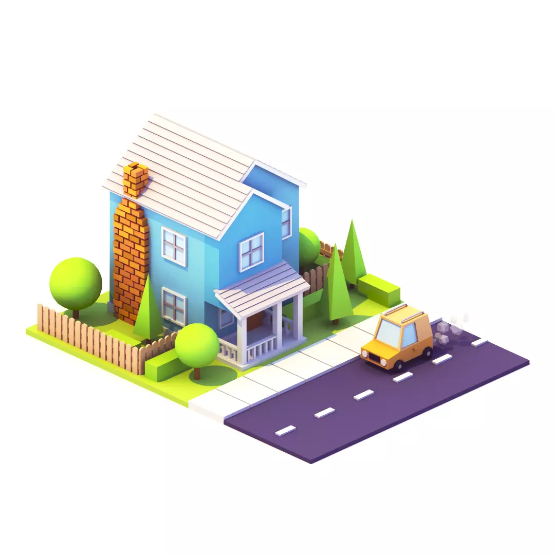 Low Poly House with car on road Low-poly 3D model_0