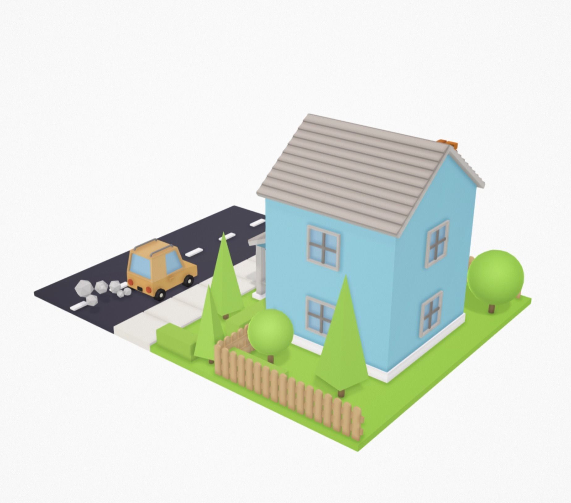 Low Poly House with car on road Low-poly 3D model_3