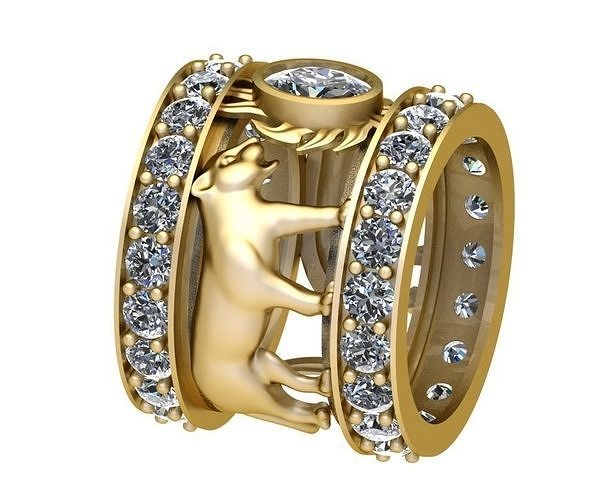 Tiger gold ring with diamonds and bear 3D print model