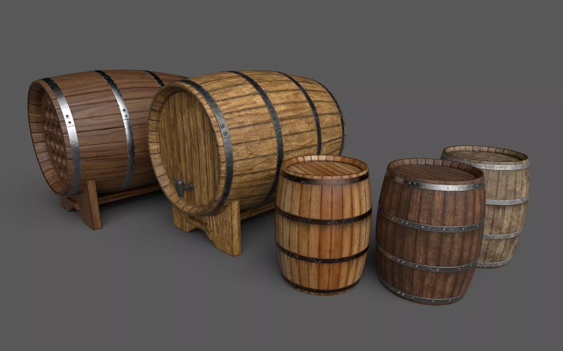 Old Decorative Wine Barrels PBR Low-poly 3D model_0