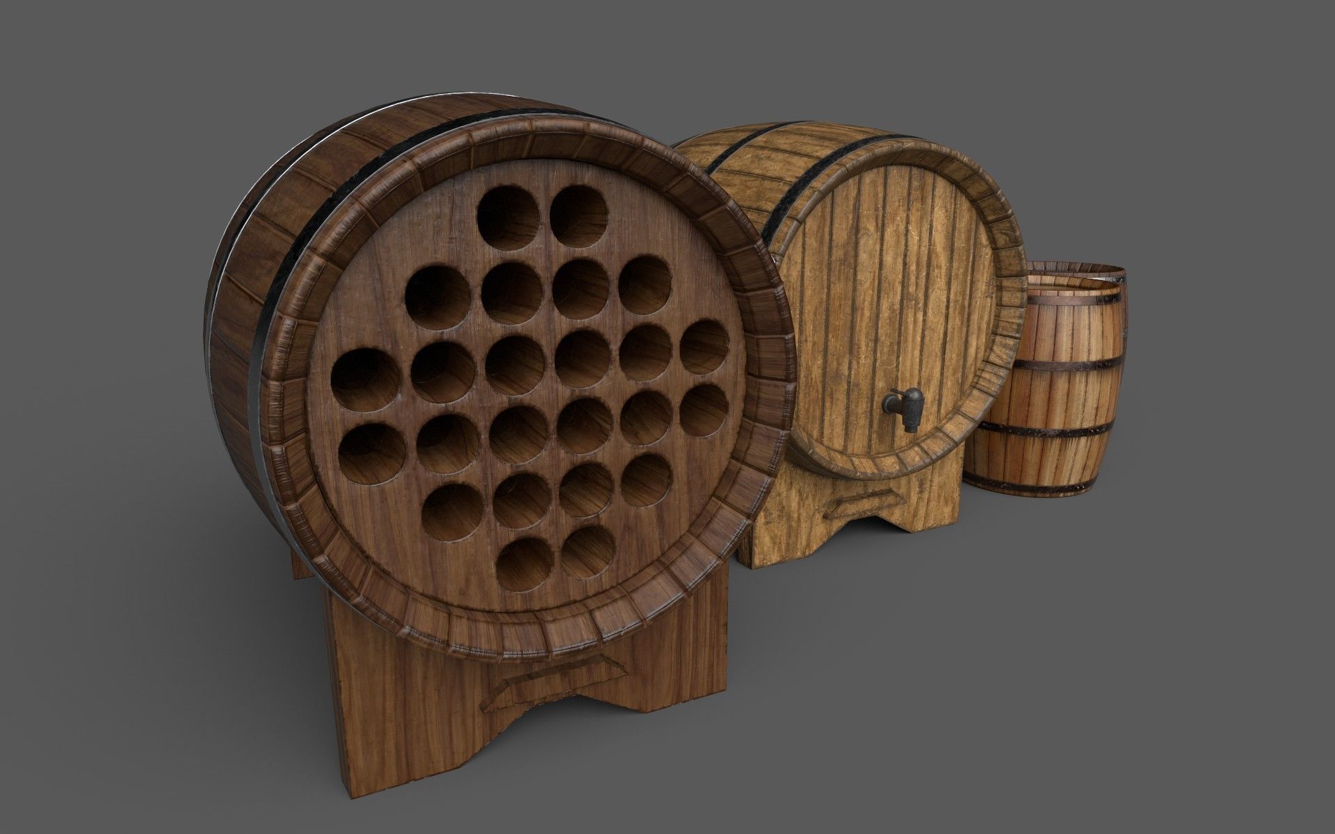 Old Decorative Wine Barrels PBR Low-poly 3D model_11