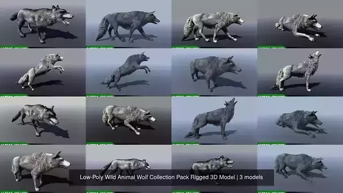 Low-Poly Wild Animal Wolf Collection Pack Rigged 3D Model