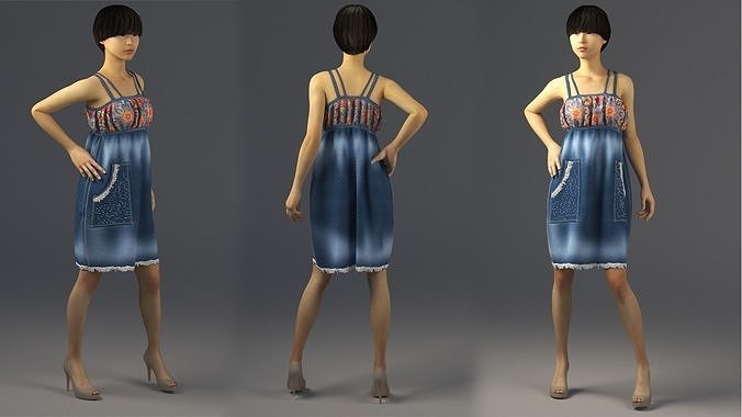 Jeans Dress with fabric Marvelous Designer and 3ds max and Vray  3D model
