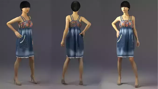Jeans Dress with fabric Marvelous Designer and 3ds max and Vray 