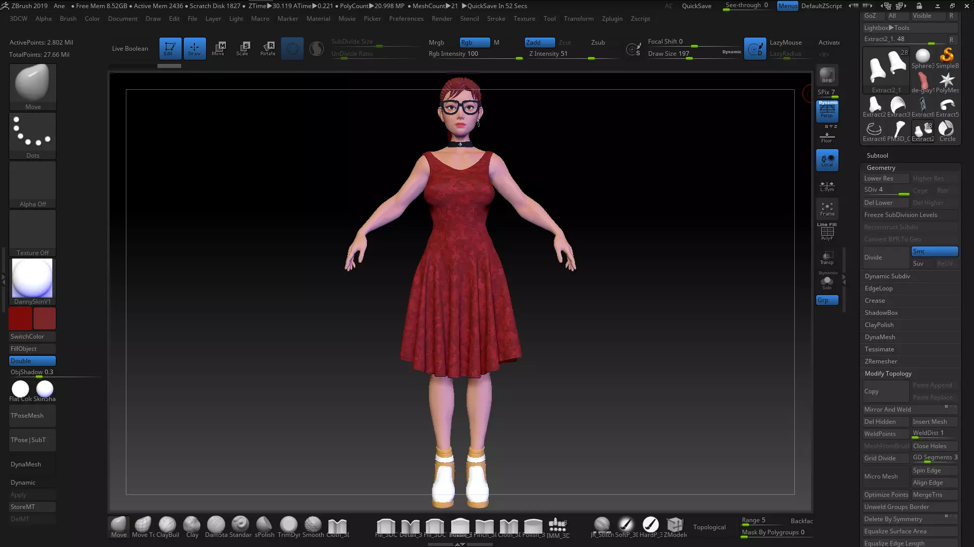 Female Stylized Base Mesh with 4 Clothes Styles - ZBrush 2019 3D model_0