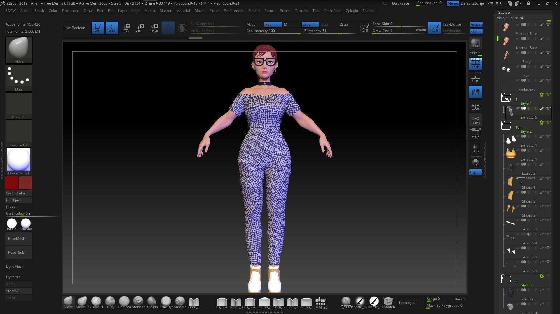 Female Stylized Base Mesh with 4 Clothes Styles - ZBrush 2019 3D model_7