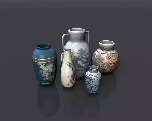 Low poly asian pottery collection