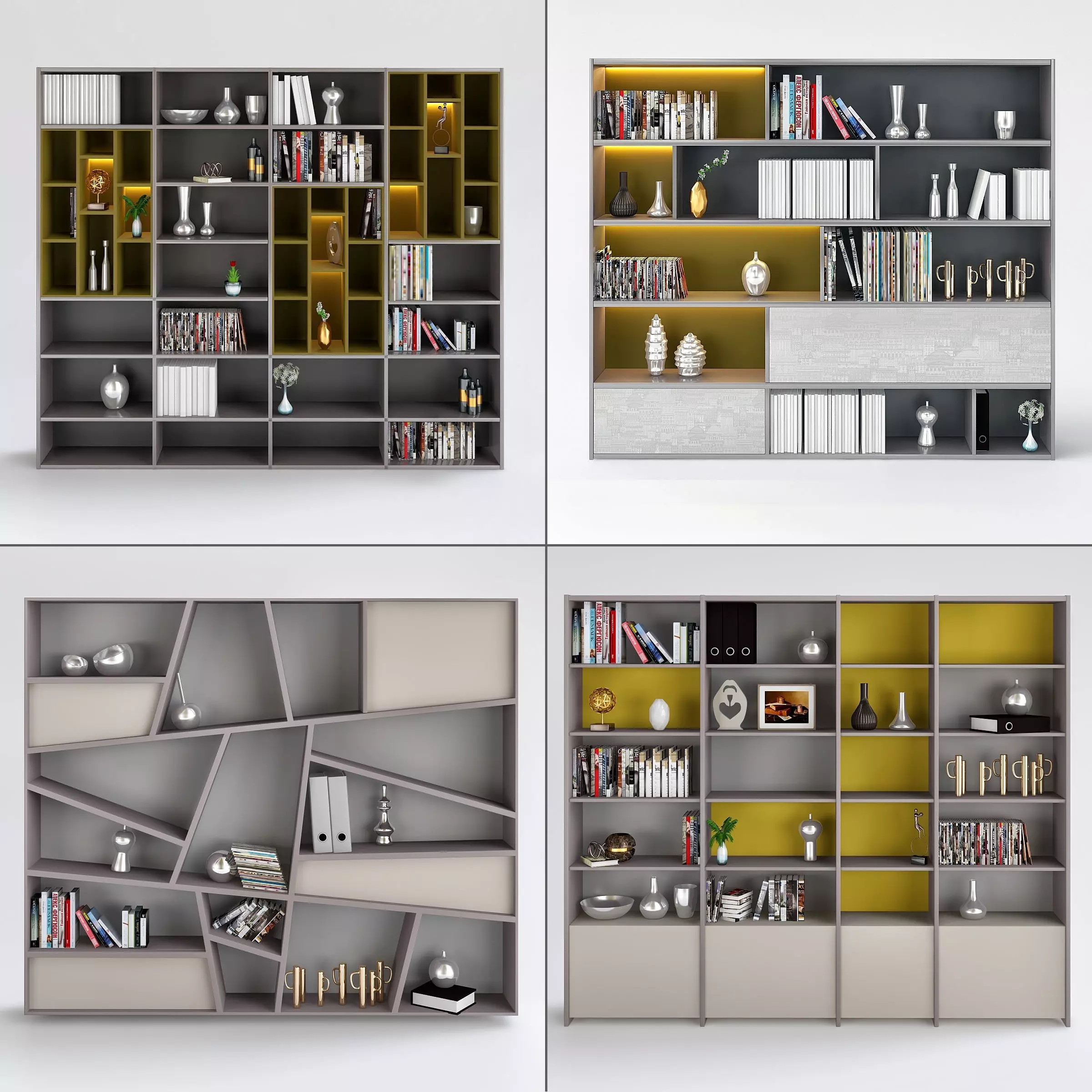 Cupboard collection four different bookshelves 3D model_0