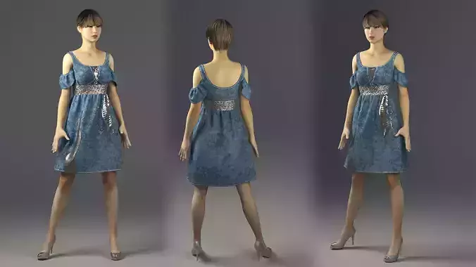 Jeans Dress with Sequin Marvelous Designer and 3ds max and Vray 3D model