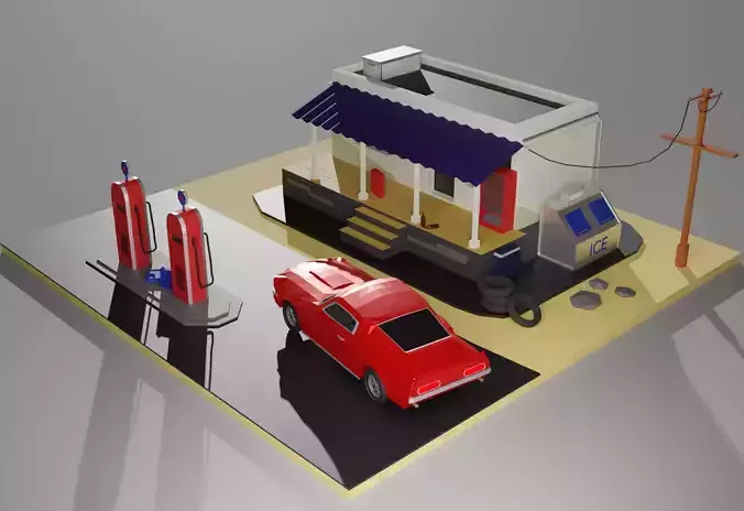 70-s  gas station by the road Low-poly 3D model