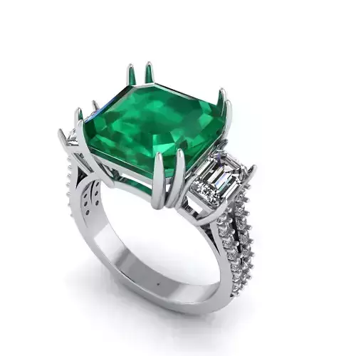  soliter ring  emerald and round diamond