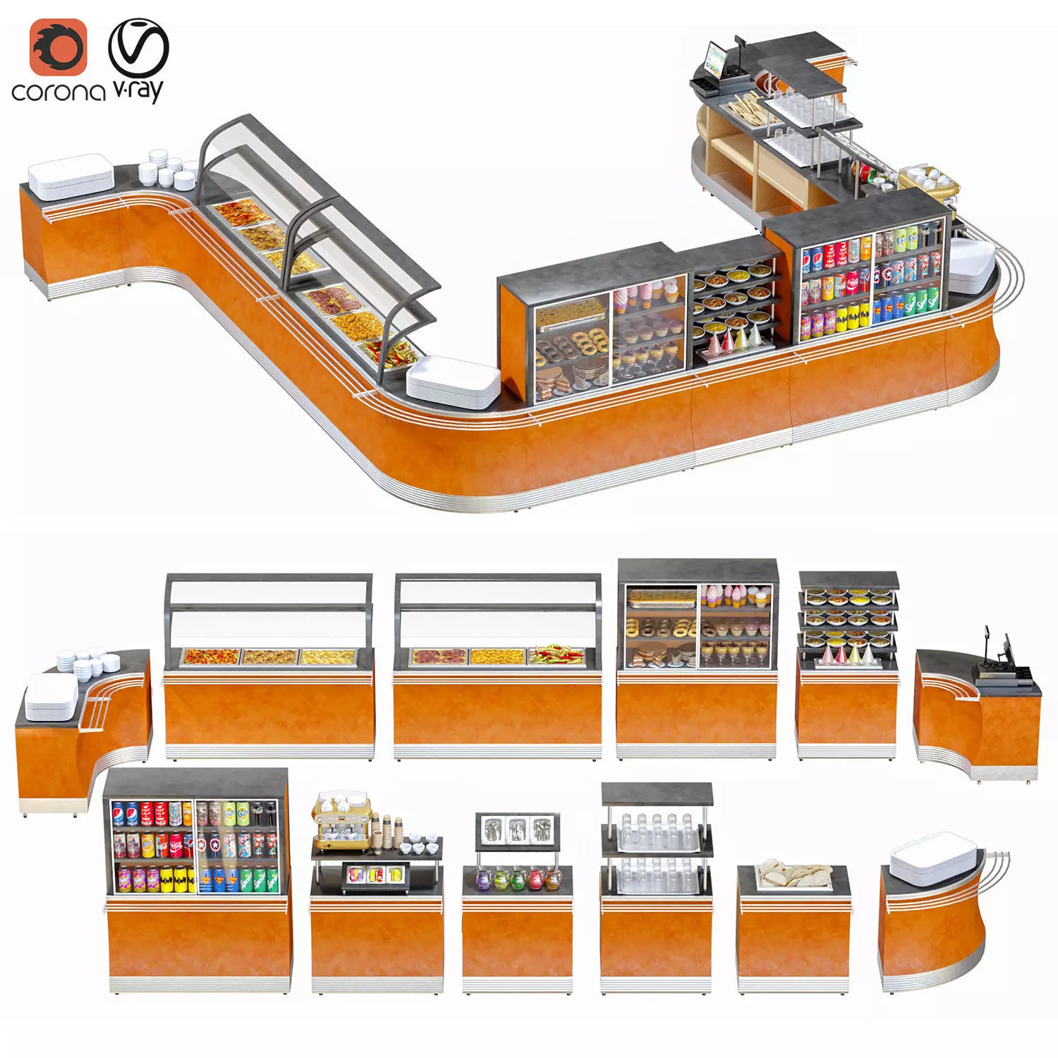 SelfServiceLine coffee shop with counter and shelves 3D model