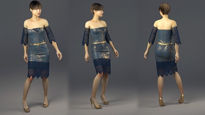 Jeans Dress with with gold color MD and 3ds max and Vray 3D model