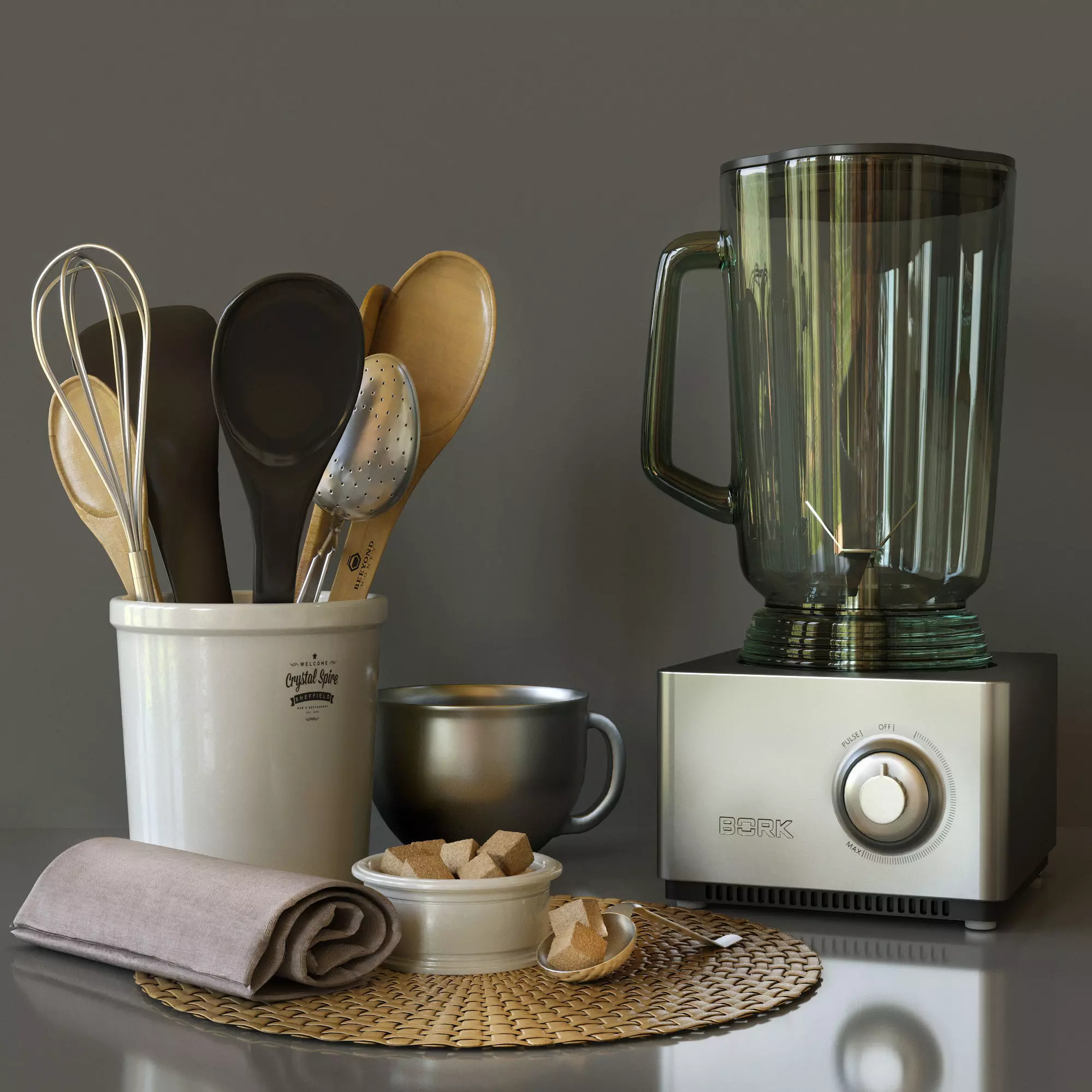 Decorative set blender and kitchen utensils on table 3D model_0