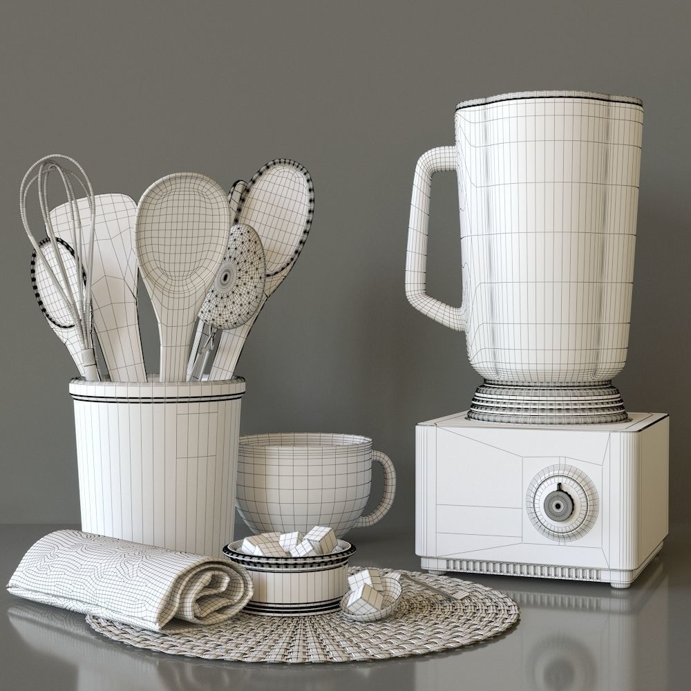 Decorative set blender and kitchen utensils on table 3D model_1