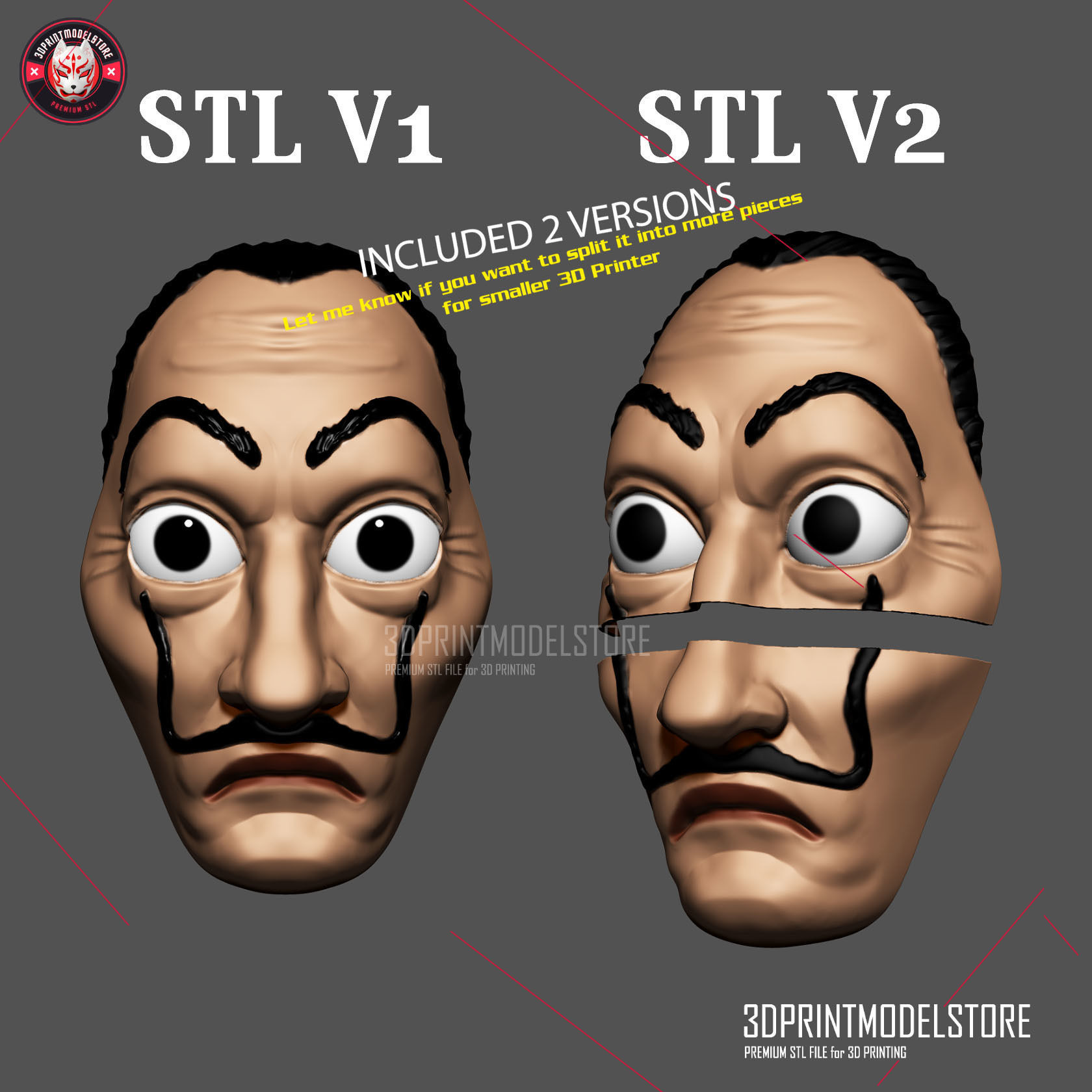 Dali Mask - Lacasa de papel Mask - Money Heist Mask Halloween 3D print model_2