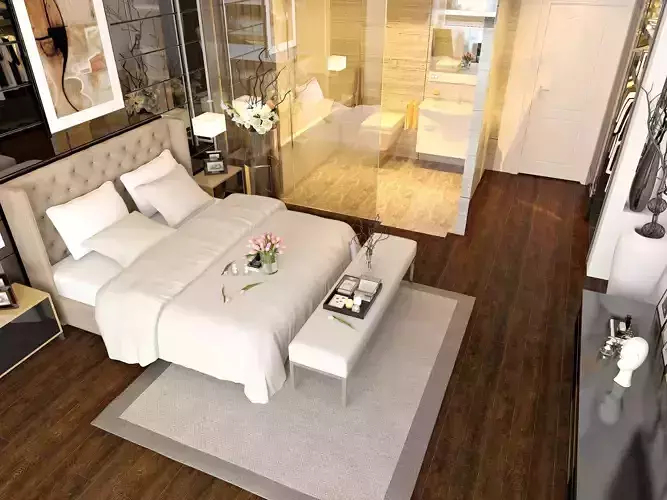 Bedroom with bed and bathroom