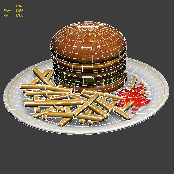 Burger hamburger and fries on plate Low-poly 3D model_1