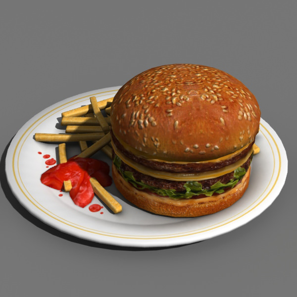 Burger hamburger and fries on plate Low-poly 3D model_2