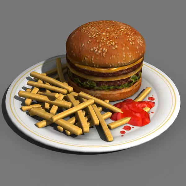 Burger hamburger and fries on plate Low-poly 3D model_0