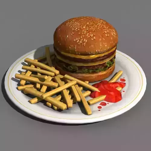 Burger hamburger and fries on plate Low-poly 3D model