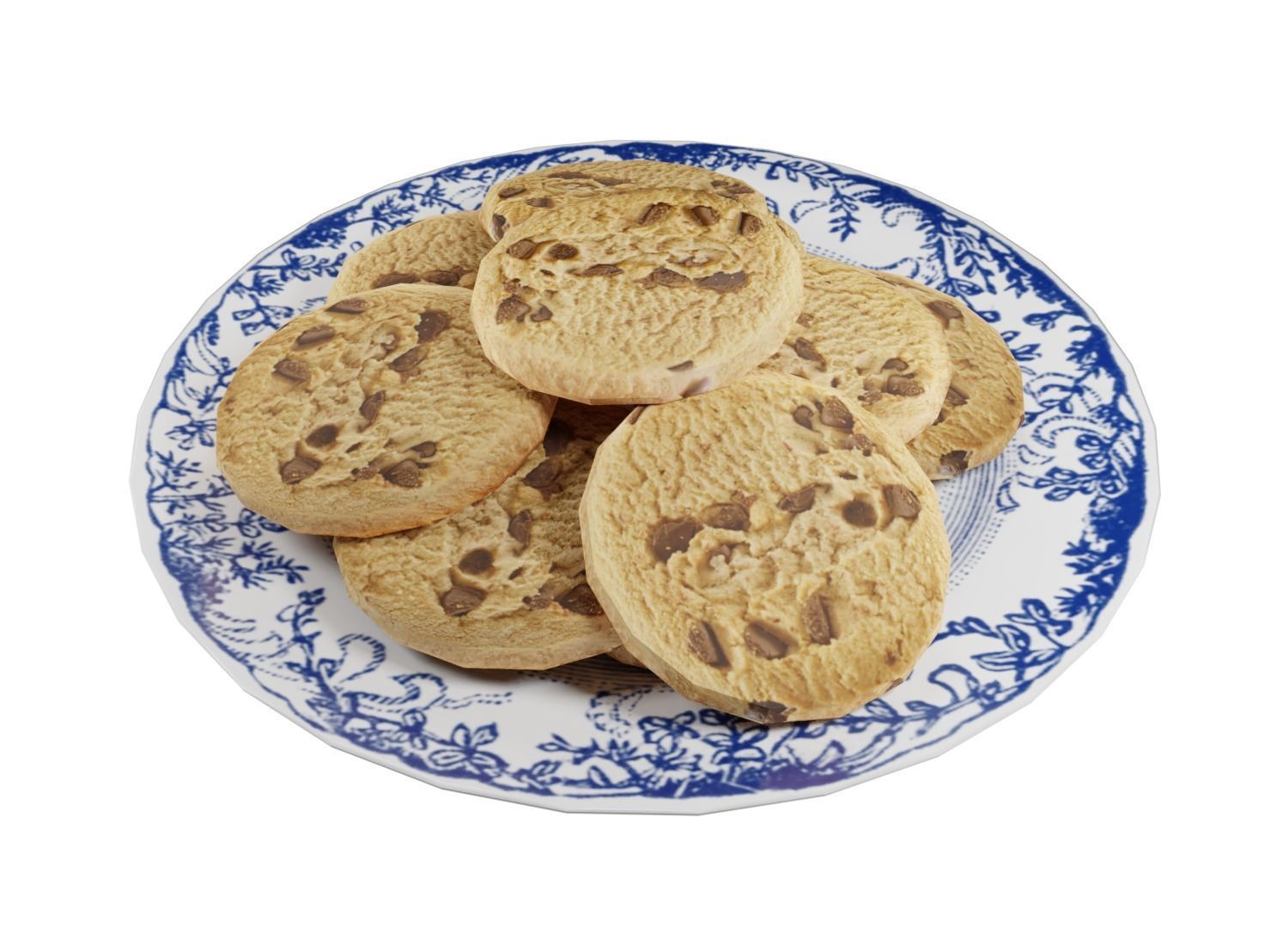 Plate of Chocolate Chip Cookies Low-poly 3D model_2