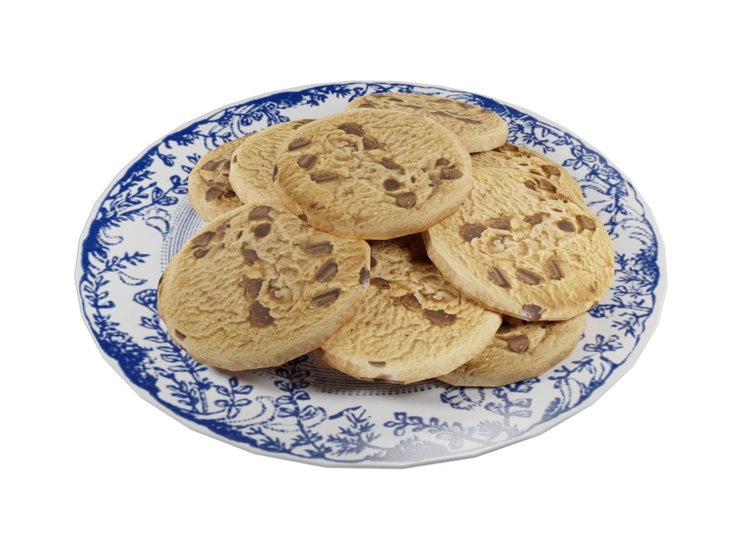 Plate of Chocolate Chip Cookies Low-poly 3D model_4