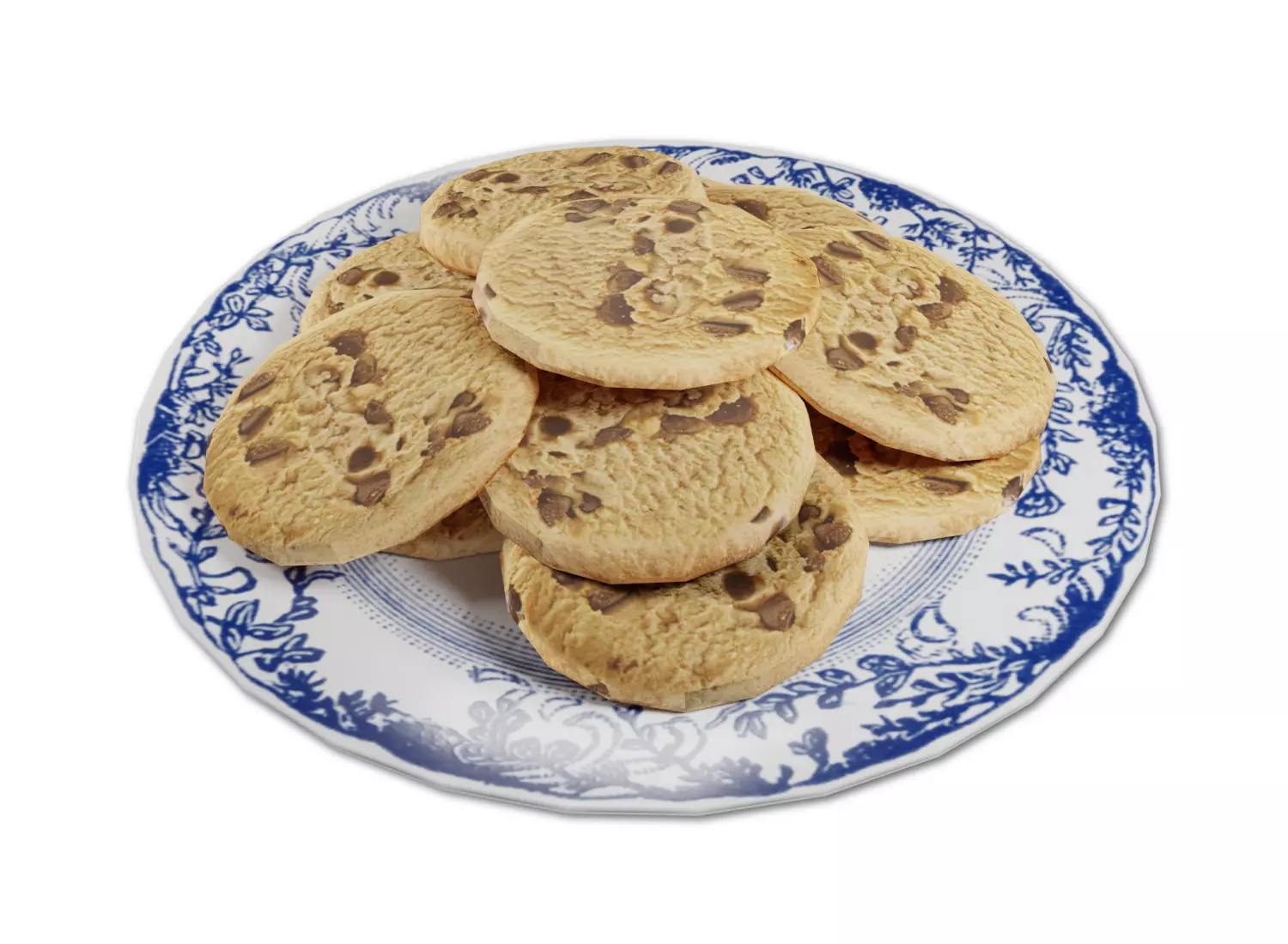 Plate of Chocolate Chip Cookies Low-poly 3D model_0