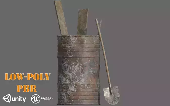 Rusty Build Barrel and Shovel Low-Poly Game Ready PBR 3D Model Low-poly 3D model